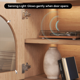 Arune Mid Century Modern Natural TV Stand with LED Lights and Arched Glass Cabinet Doors - thumbnail 8