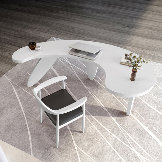 Modern curved white wood executive desk, 140 cm straight desk with 3 oval legs - image 1