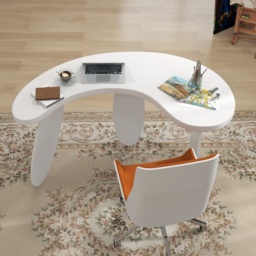 Modern curved white wood executive desk, 140 cm straight desk with 3 oval legs - thumbnail 3