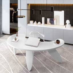 Modern curved white wood executive desk, 140 cm straight desk with 3 oval legs - thumbnail 6