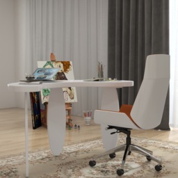 Modern curved white wood executive desk, 140 cm straight desk with 3 oval legs - thumbnail 4