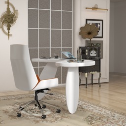 Modern curved white wood executive desk, 140 cm straight desk with 3 oval legs - thumbnail 2