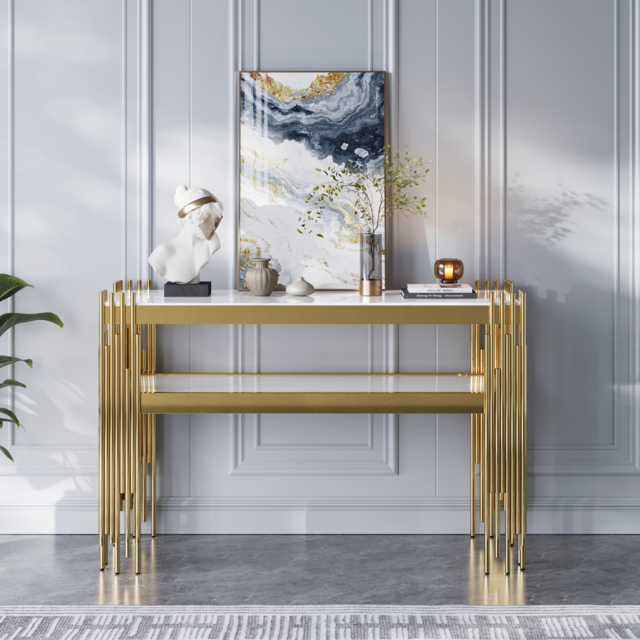 1200mm Modern White Faux Marble Narrow Console Table with Storage Shelf and 4 Gold Legs - image 1