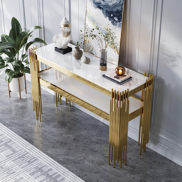 1200mm Modern White Faux Marble Narrow Console Table with Storage Shelf and 4 Gold Legs - thumbnail 3