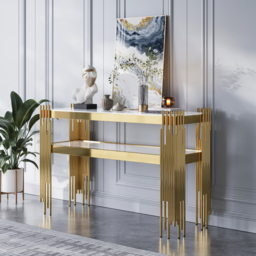1200mm Modern White Faux Marble Narrow Console Table with Storage Shelf and 4 Gold Legs - thumbnail 2