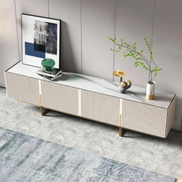 "Living Room Set 86.6"" Off White TV Stand & Round Glass Nesting Coffee Table with Storage" - thumbnail 4