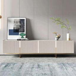 "Living Room Set 86.6"" Off White TV Stand & Round Glass Nesting Coffee Table with Storage" - thumbnail 3
