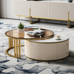 "Living Room Set 86.6"" Off White TV Stand & Round Glass Nesting Coffee Table with Storage" - thumbnail 6