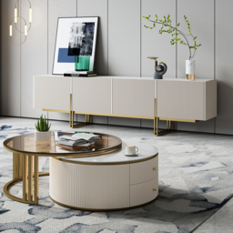 "Living Room Set 86.6"" Off White TV Stand & Round Glass Nesting Coffee Table with Storage"