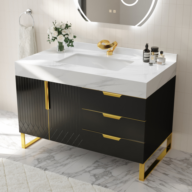 Aro 90 cm Black Freestanding Ceramics Basin Bathroom Vanity Drawers Faux Marble Top - image 1