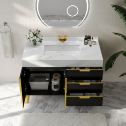 Aro 900mm Black Freestanding Ceramics Basin Bathroom Vanity Drawers Faux Marble Top - thumbnail 3