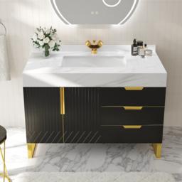 Aro 900mm Black Freestanding Ceramics Basin Bathroom Vanity Drawers Faux Marble Top - thumbnail 8