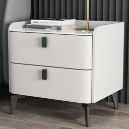 Faux Leather Bedside Table with 2 Drawers White Bedside Table with Stone Top - thumbnail 3