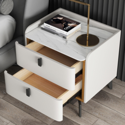 Faux Leather Bedside Table with 2 Drawers White Bedside Table with Stone Top - thumbnail 4
