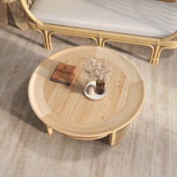 2-Tiered Japandi Round Wood Coffee Table with Rattan Base - thumbnail 5