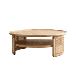 2-Tiered Japandi Round Wood Coffee Table with Rattan Base - thumbnail 8