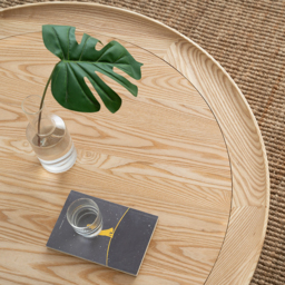 2-Tiered Japandi Round Wood Coffee Table with Rattan Base - thumbnail 7