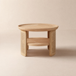 2-Tiered Japandi Round Wood Coffee Table with Rattan Base - thumbnail 9
