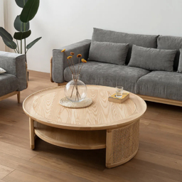 2-Tiered Japandi Round Wood Coffee Table with Rattan Base - thumbnail 4