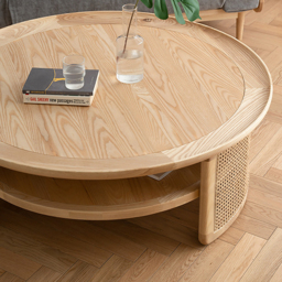 2-Tiered Japandi Round Wood Coffee Table with Rattan Base - thumbnail 6