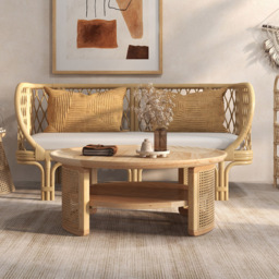 2-Tiered Japandi Round Wood Coffee Table with Rattan Base - thumbnail 3