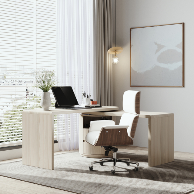 Modern Wash White L Shaped Desk & Off White Home Office Chair Set Upholstered Swivel - image 1