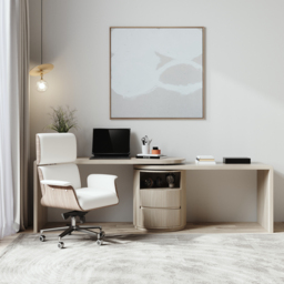 Modern Wash White L Shaped Desk & Off White Home Office Chair Set Upholstered Swivel - thumbnail 2