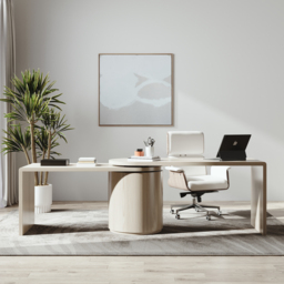 Modern Wash White L Shaped Desk & Off White Home Office Chair Set Upholstered Swivel - thumbnail 3