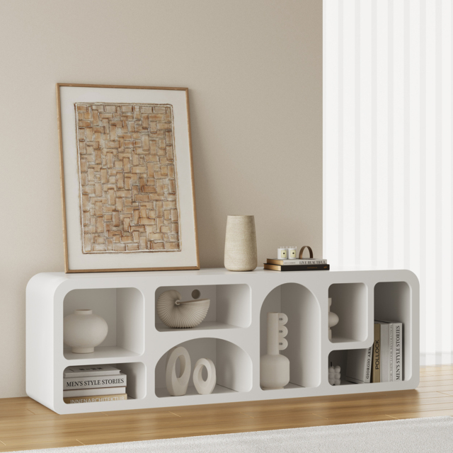 Codiys Art Deco Bookshelf Wood TV Stand in White with Shelves for TV Up to 1778mm