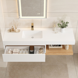 150 cm Modern Floating Bathroom Vanity Set With Single Basin Wall-Mount White & Natural - thumbnail 3