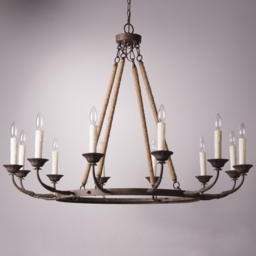 Candlely Vintage 12-Light Candelabra Wagon Wheel Chandelier with Flaxen Hemp Rope - thumbnail 4