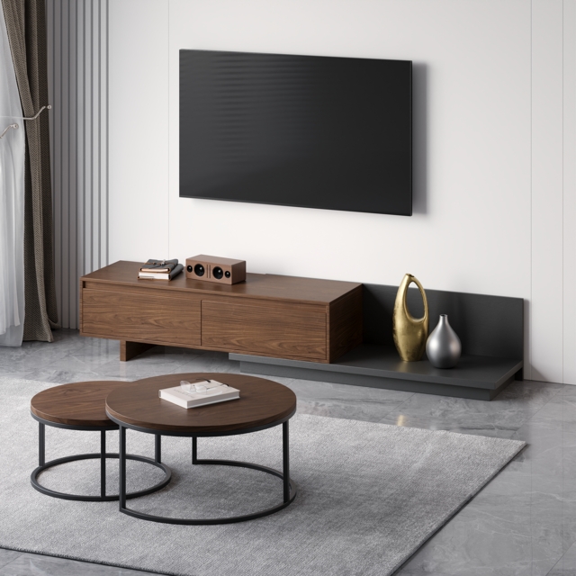 Living Room Cabinet Set Retracted & Extendable 3-Drawer TV Stand & Round Nesting Coffee Table - image 1
