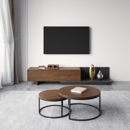 Living Room Cabinet Set Retracted & Extendable 3-Drawer TV Stand & Round Nesting Coffee Table - thumbnail 2