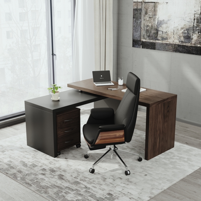 Modern Rotatable L-Shaped Executive Desk & Swivel Black Leather Office Desk Chair Set - image 1