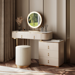 Nordic Makeup Vanity Extendable with 5-Drawer Dressing Table with Stone Top in Champagne - thumbnail 1