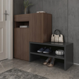 Fero Walnut Corner Shoe Storage Cabinet with 7 Shelves & 1 Drawer Entryway Shoe Storage - thumbnail 3