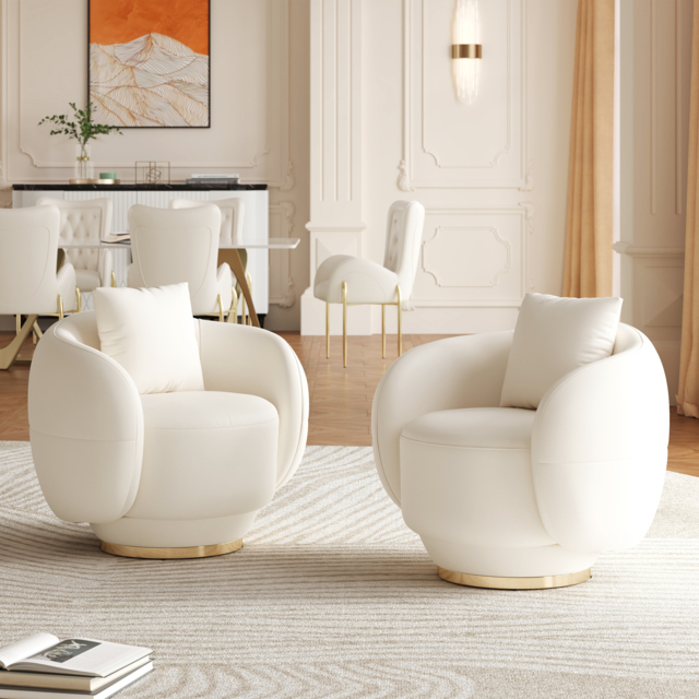 Swivel Barrel Accent Chair Faux Leather Armchair for Living Room in Warm White Set of 2 - image 1