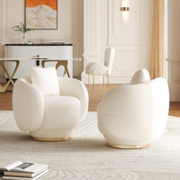 Swivel Barrel Accent Chair Faux Leather Armchair for Living Room in Warm White Set of 2 - thumbnail 2