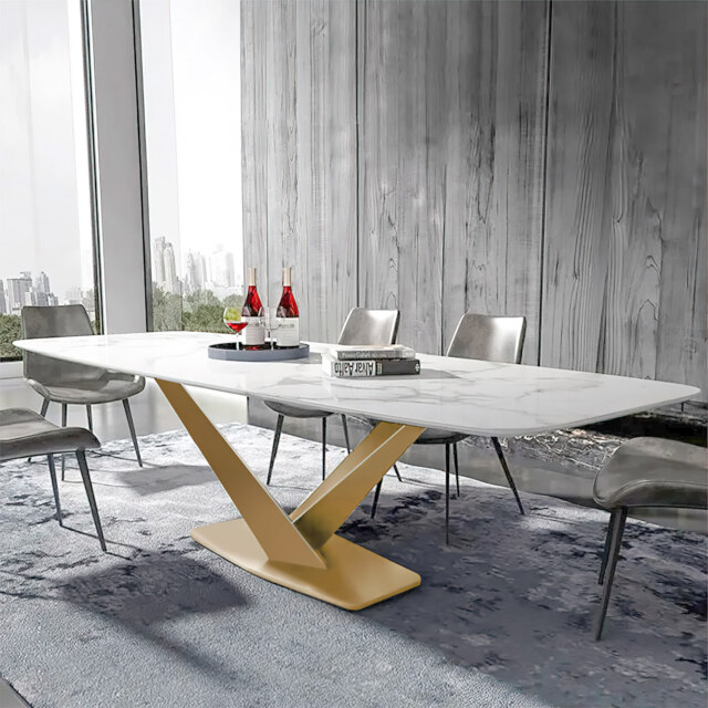 "63"" Modern White Faux Marble Rectangular Dining Table with Stainless Steel X-Base" - image 1