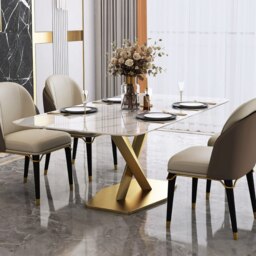 "63"" Modern White Faux Marble Rectangular Dining Table with Stainless Steel X-Base" - thumbnail 4