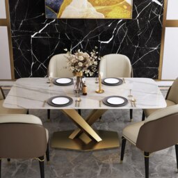 "63"" Modern White Faux Marble Rectangular Dining Table with Stainless Steel X-Base" - thumbnail 3