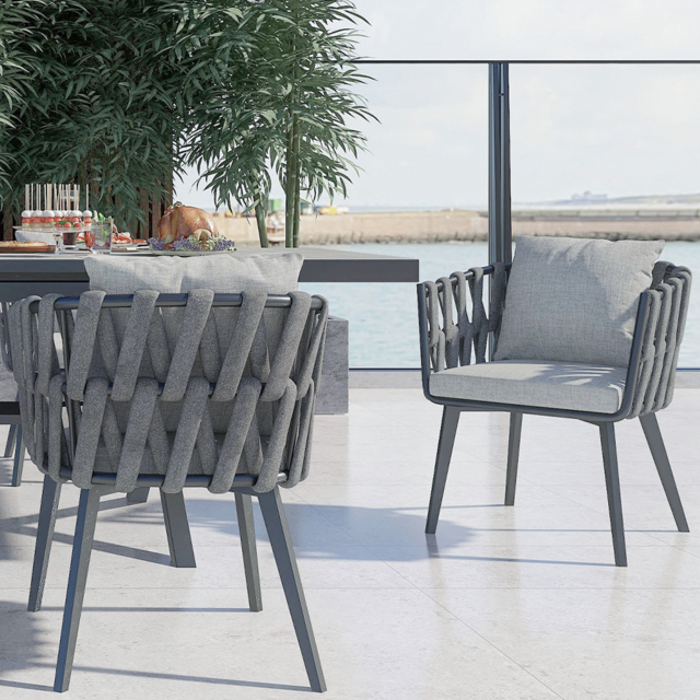Outdoor Rope Weave & Aluminium Dining Chairs in Grey, Set of 8 - image 1