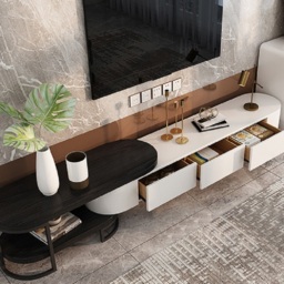 Nesnesis Modern Extending TV Stand with Storage Oval White & Black Media Console - thumbnail 3