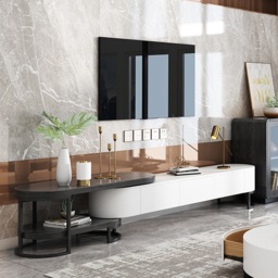 Nesnesis Modern Extending TV Stand with Storage Oval White & Black Media Console - thumbnail 1