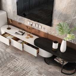 Nesnesis Modern Extending TV Stand with Storage Oval White & Black Media Console - thumbnail 4