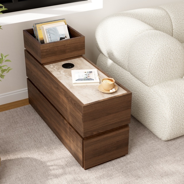 Travertine Stone Top Narrow Smart Side Table with Storage Modern Walnut End Table with USB Charging - image 1