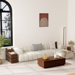 Travertine Stone Top Narrow Smart Side Table with Storage Modern Walnut End Table with USB Charging - thumbnail 4