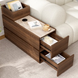 Travertine Stone Top Narrow Smart Side Table with Storage Modern Walnut End Table with USB Charging - thumbnail 3