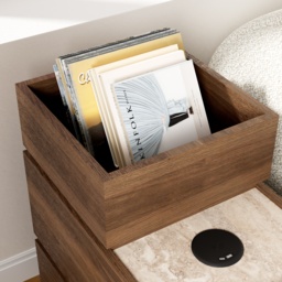Travertine Stone Top Narrow Smart Side Table with Storage Modern Walnut End Table with USB Charging - thumbnail 9