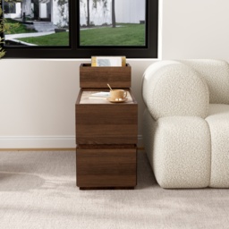Travertine Stone Top Narrow Smart Side Table with Storage Modern Walnut End Table with USB Charging - thumbnail 2